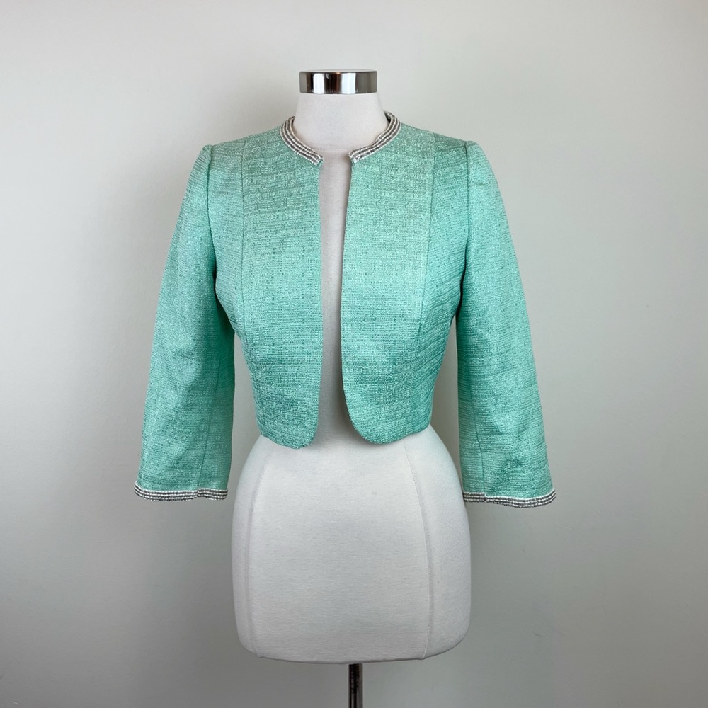 Sonia Pena Mint Green Pearl Beaded Accent Open Front Jacket Evening Cocktail